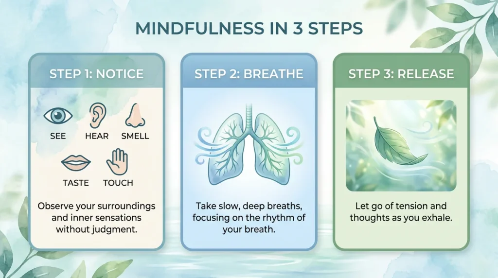An infographic titled Mindfulness in 3 Steps guides you toward a happy life: Notice (see, hear, smell, taste, touch), Breathe deeply (lungs illustration), and Release tension while exhaling (leaf illustration).