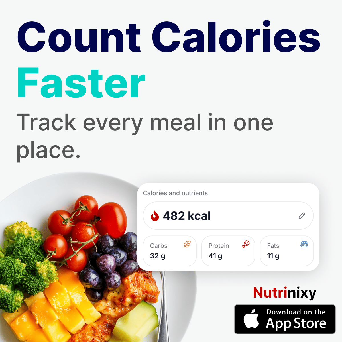A plate of colorful healthy food sits beside the Nutrinixy - AI Calorie Tracker app, displaying 482 kcal. Text reads: Count Calories Faster. Track every meal in one place. App logo and App Store download button are shown.