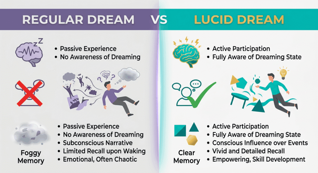 Comparison infographic: Regular dream vs lucid dream showing brain state, awareness level, control, emotions, memory retention, and user participation
