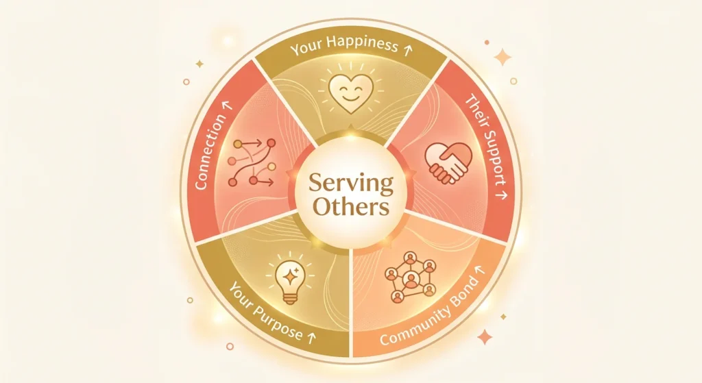 A circular diagram titled Serving Others shows four benefits, Your Happiness, Their Support, Community Bond, and Your Purpose, with icons for each. Connection surrounds the edge, illustrating how serving others contributes to a happy life.