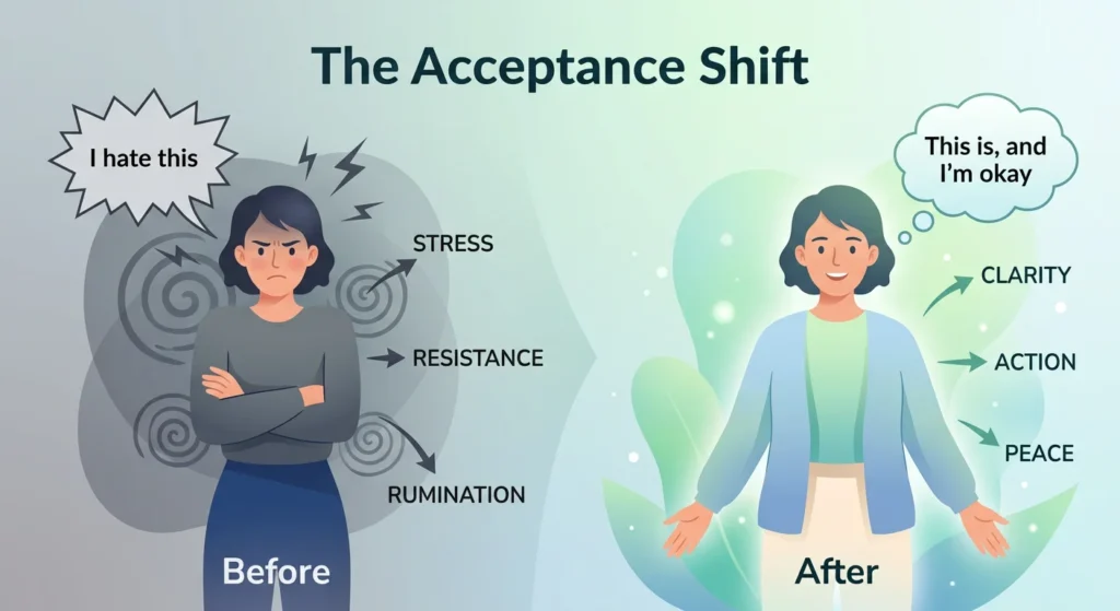 Split image showing Before with a stressed, frowning woman thinking I hate this and After with a calm, smiling woman thinking This is, and I'm okay, highlighting a journey from stress to clarity and steps toward a Happy Life.