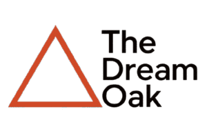 A simple red triangle outline sits next to the bold black text "The Dream Oak" on a light background.