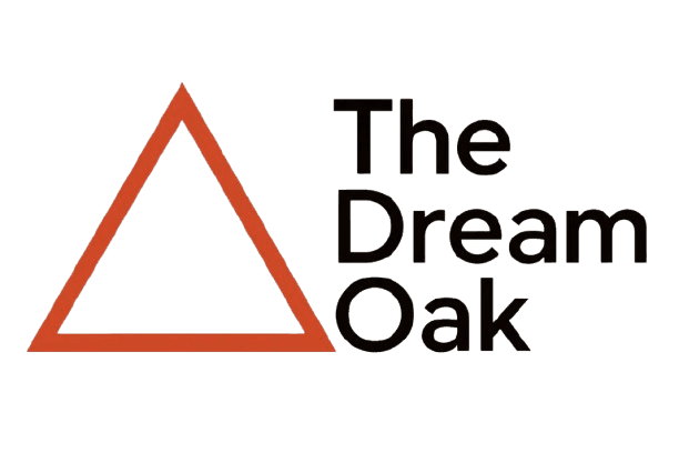 A simple red triangle outline sits next to the bold black text "The Dream Oak" on a light background.