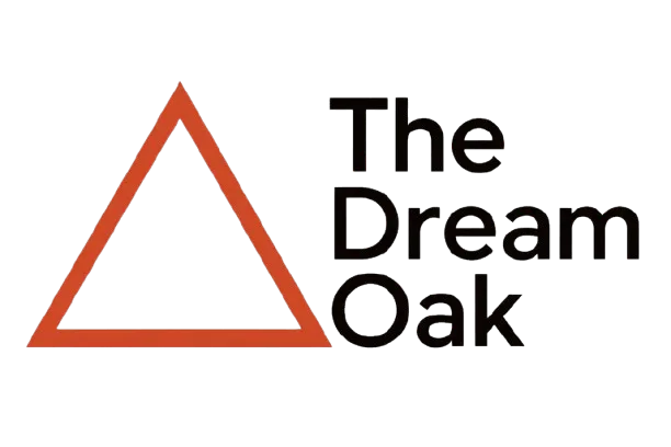 A simple red triangle outline sits next to the bold black text "The Dream Oak" on a light background.