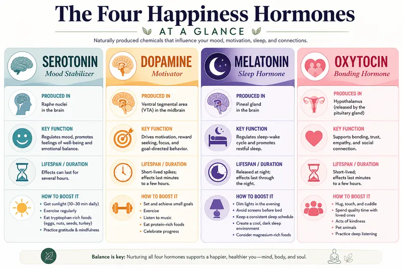 Infographic titled The Four Happiness Hormones summarizes key hormones: serotonin, dopamine, melatonin, and oxytocin, their sources, functions, lifespans, and ways to boost each hormone using colorful boxes and icons.