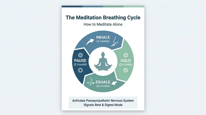A diagram titled The Meditation Breathing Cycle illustrates how to meditate alone with inhale (4 counts), hold (2 counts), exhale (4 counts), and pause (2 counts) around a meditating person icon, promoting rest and digest mode.