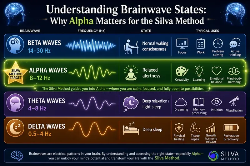 An infographic explains brainwave states: Beta, Alpha, Theta, Delta showing frequency (Hz), uses, and benefits. Alpha waves are highlighted for their key role in The Silva Mind Control Method, linked to relaxation, creativity, and learning.