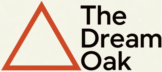 A simple red triangle outline sits next to the bold black text "The Dream Oak" on a light background.