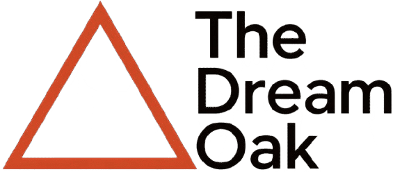 A simple red triangle outline sits next to the bold black text "The Dream Oak" on a light background.