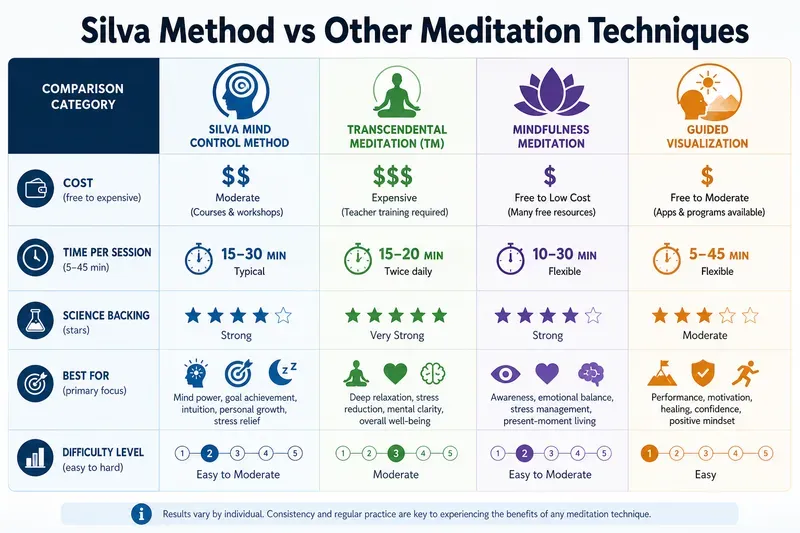 Silva vs Meditation comparison table: cost, time, science backing