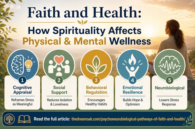 Infographic titled Faith & Health: How Spirituality Affects Physical & Mental Wellness, highlighting five benefits: Cognitive Appraisal, Social Support, Behavioral Regulation, Emotional Resilience, and Neurobiological effects.