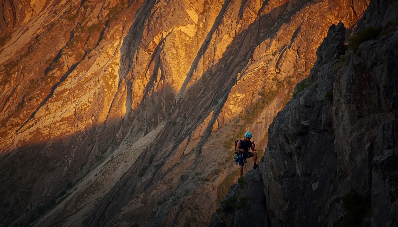 A rock climber wearing a blue helmet ascends a steep, shadowy cliff with sunlit, rugged mountain rock faces in the background a thrilling exercise to overcome tiredness and push beyond physical limits.