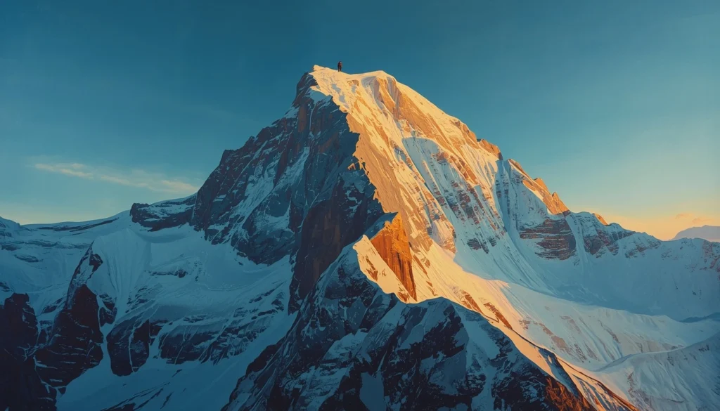 Snow-covered mountain peak bathed in golden sunlight, casting dramatic shadows across steep slopes under a clear blue sky a scene that inspires vitality and endurance much like learning how to increase mitochondria naturally.