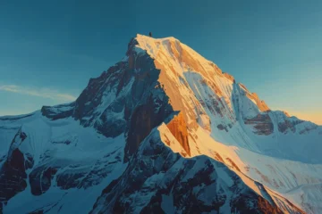 Snow-covered mountain peak bathed in golden sunlight, casting dramatic shadows across steep slopes under a clear blue sky a scene that inspires vitality and endurance much like learning how to increase mitochondria naturally.